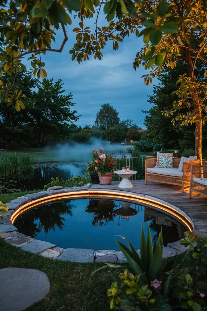 Ein malerischer Garten mit einem klaren Wasserbecken, in dem farbenfrohe Fische schwimmen, umgeben von üppigem Grün und schönen Pflanzen, ideal für einen Koi Teich.