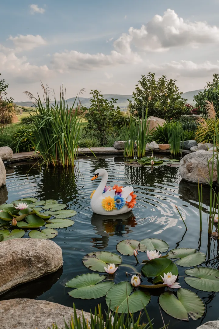 Ein idyllischer Gartenteich mit üppiger Vegetation, der harmonisch in die Umgebung integriert ist, ideal für kreative Teichgestaltung.