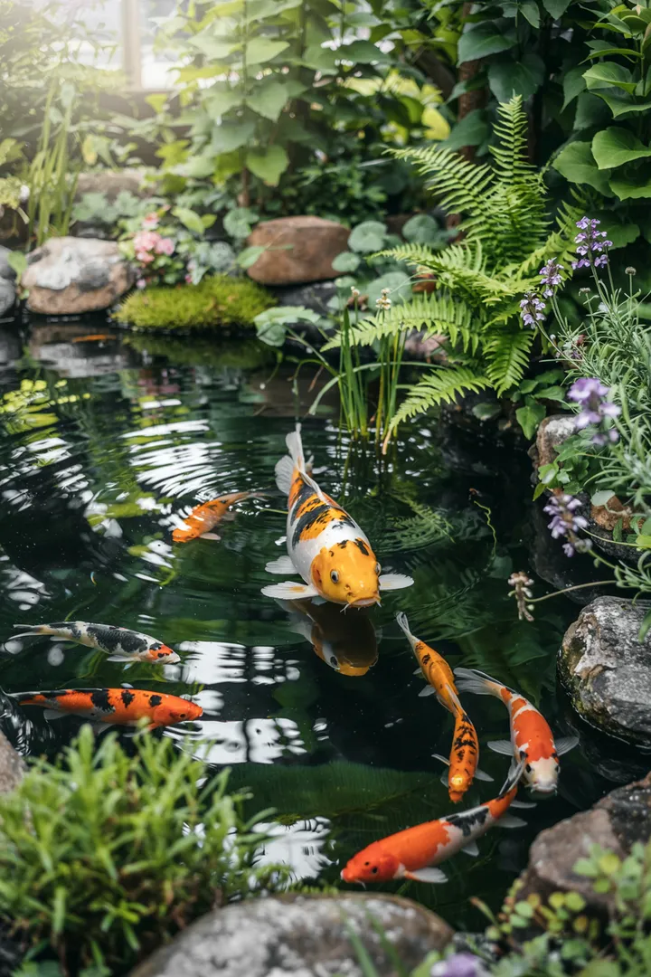 Ein malerischer Teich mit lebhaften Fischen und üppigem Grün, ideal für die Entspannung und Beobachtung von Goldfischen.