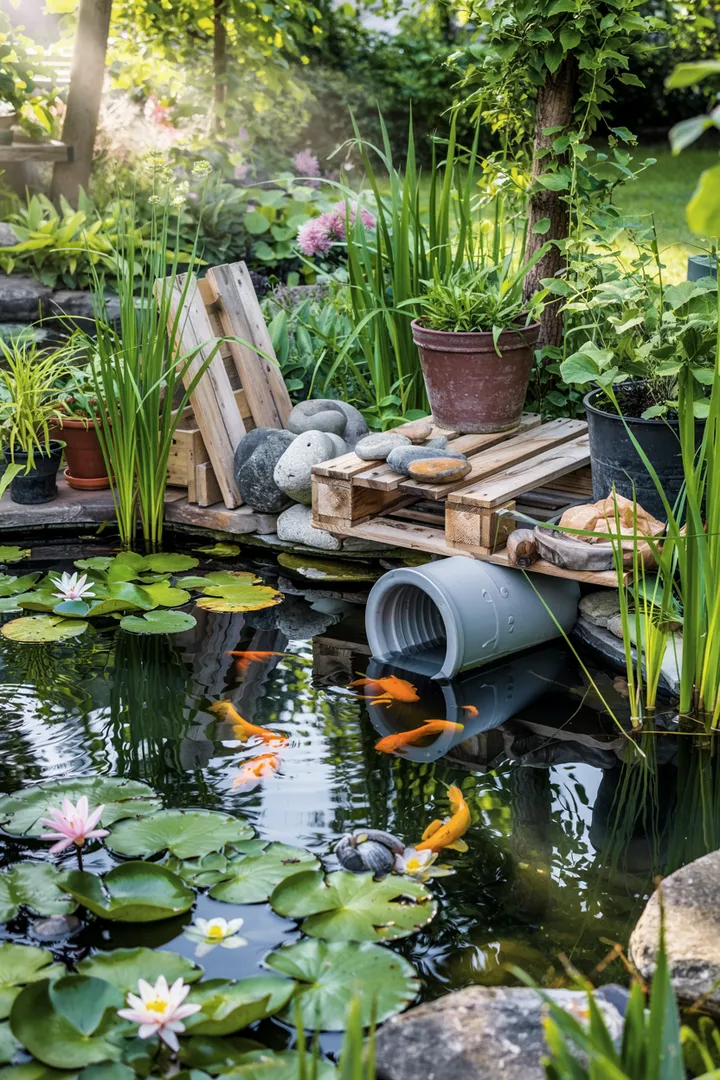 Eine malerische Landschaft mit einem neu angelegten Gewässer, umgeben von grünen Pflanzen und Steinen, ideal für das Projekt 