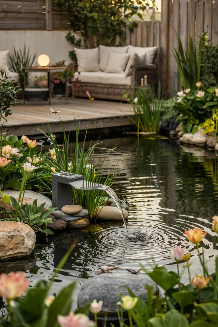 Ein idyllisches Gewässer in einem Garten, umgeben von Pflanzen und Steinen, ideal für eine entspannte Atmosphäre im Freien.