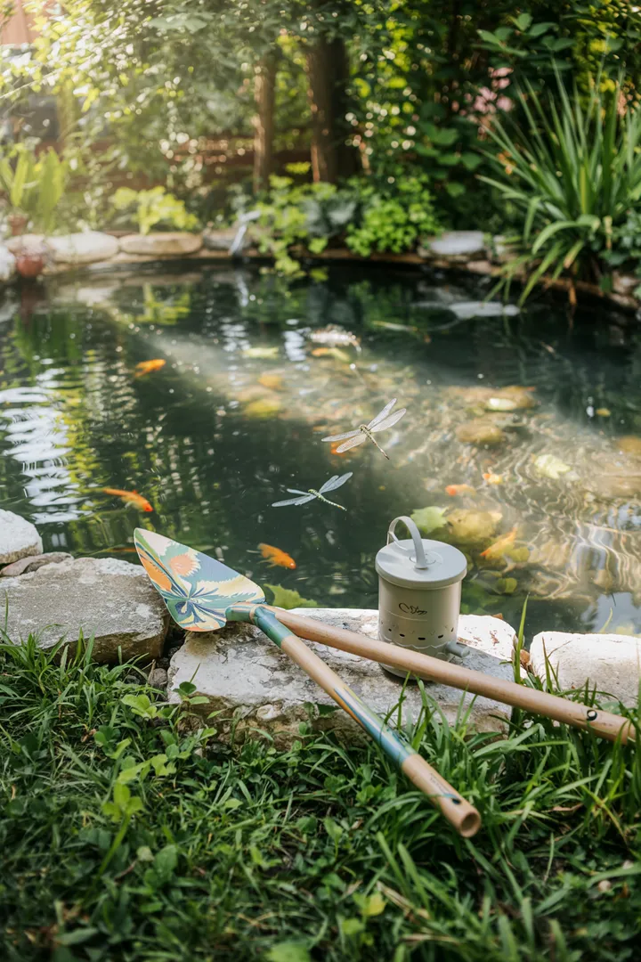 Ein idyllischer Garten mit einem klaren Wasserbecken, umgeben von üppigem Grün, das die Idee des Teichbaus einfängt.