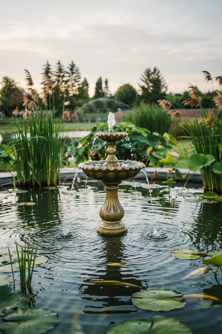 Ein idyllischer Wassergarten mit sanft plätschernden Wasseranlagen, umgeben von üppigem Grün und bunten Blumen, ideal für Entspannung und Naturverbundenheit.