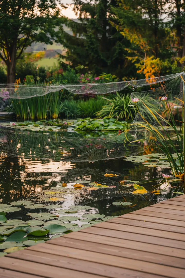 Ein ruhender Naturort mit sanft plätscherndem Wasser, umgeben von üppigem Grün und bunten Blumen, ideal für Entspannung und Meditation.