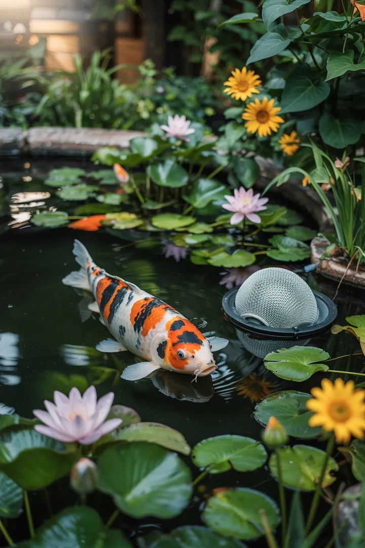 Ein idyllischer Garten mit lebhaften Koi-Fischen, die in einem klaren Teich schwimmen, umgeben von üppigem Grün und bunten Blumen.