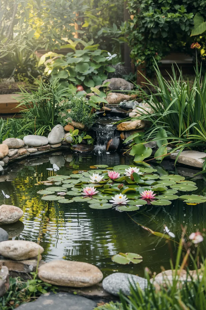 Ein malerischer Garten mit einem ruhigen Teich, umgeben von üppigen Pflanzen und farbenfrohen Blumen, ideal für inspirierendes Teichdesign.