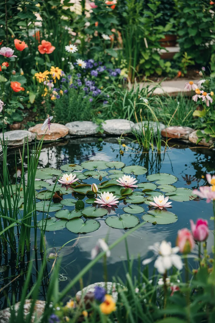 "Idyllische Oase mit einem kleinen Wasserspiel, umgeben von üppigem Grün, ideal für eine entspannende Gartengestaltung."