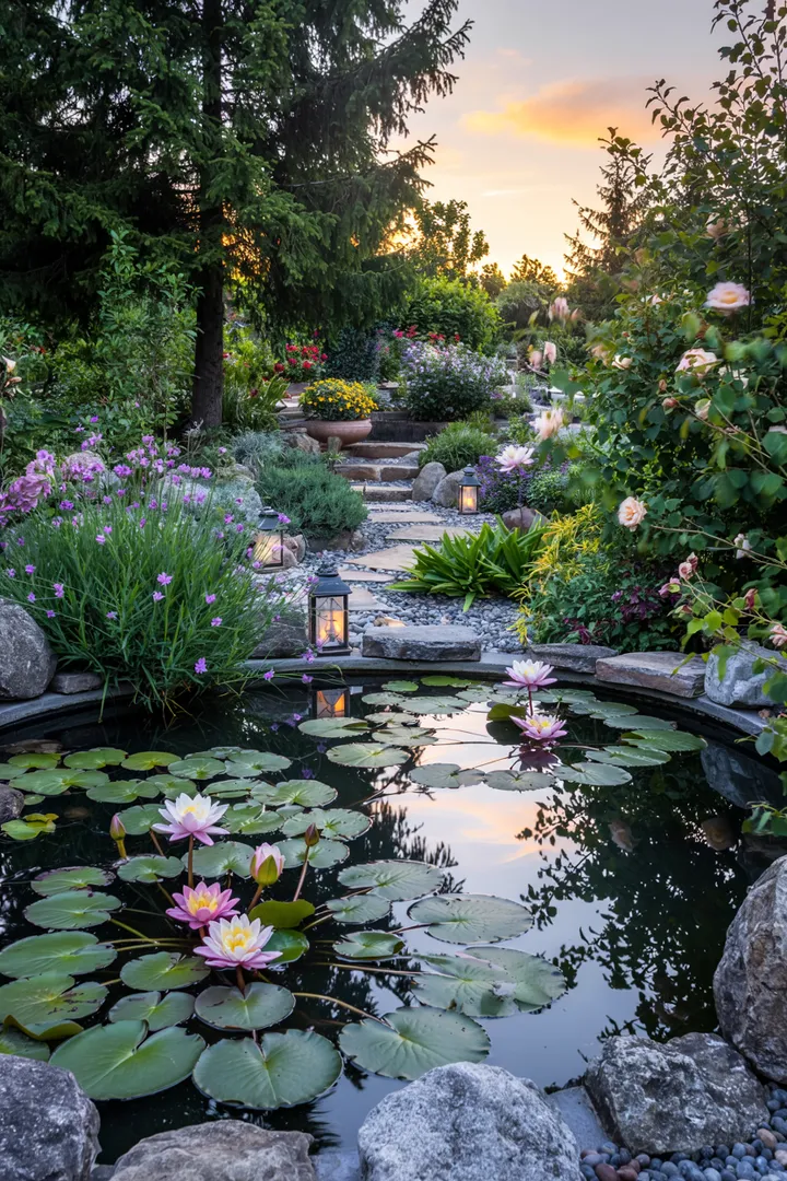 Ein lebendiger Garten mit üppigem Blattwerk, in sanften Grüntönen, der eine friedliche Atmosphäre ausstrahlt und natürliche Schönheit zelebriert.