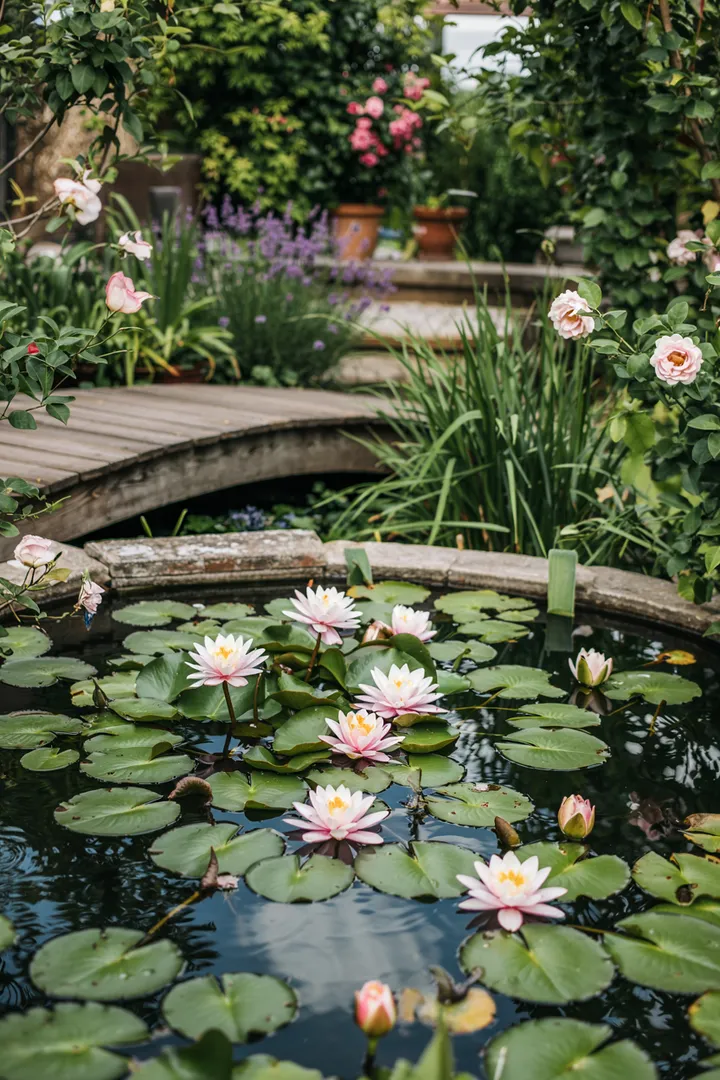 Ein lebendiger Stadtgarten mit bunten Pflanzen und frischen Kräutern, der eine grüne Oase inmitten urbaner Architektur schafft.