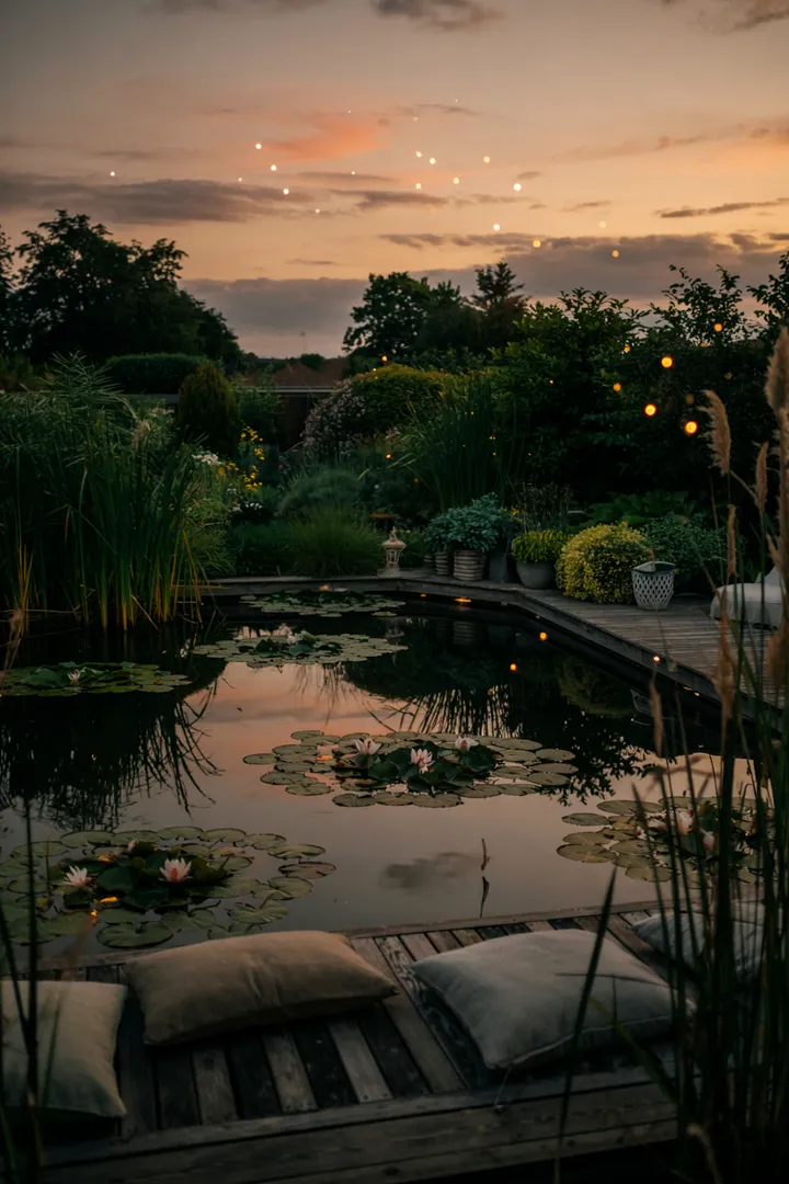 Ein idyllisches kleines Wasserbecken umgeben von üppigem Grün und bunten Pflanzen, das die perfekte Atmosphäre für einen Miniature Pond Garden schafft.