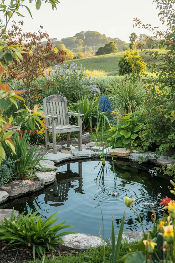 Ein idyllischer kleiner Teich im Garten, umgeben von Pflanzen, perfekt für Container-Wasserlandschaften und Miniatur-Gartenteiche.