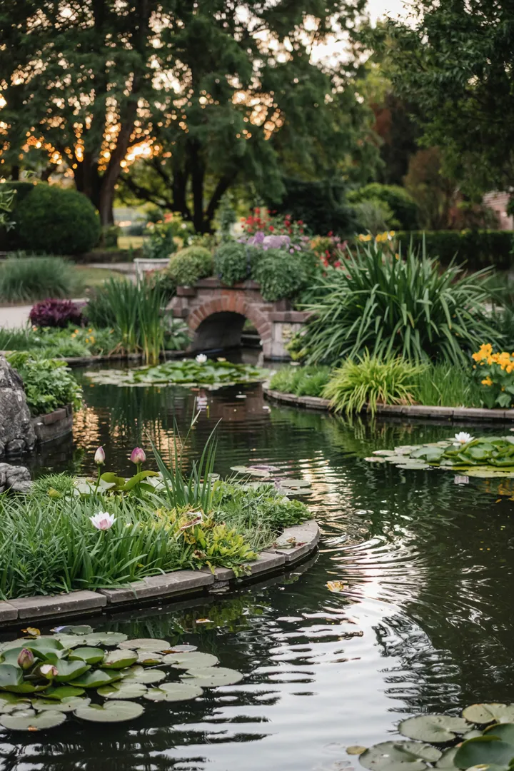 "Idyllische Wasserlandschaft mit Pflanzen und Steinen, inspiriert von kreativen Gartenteich Ideen für eine harmonische Naturoase."