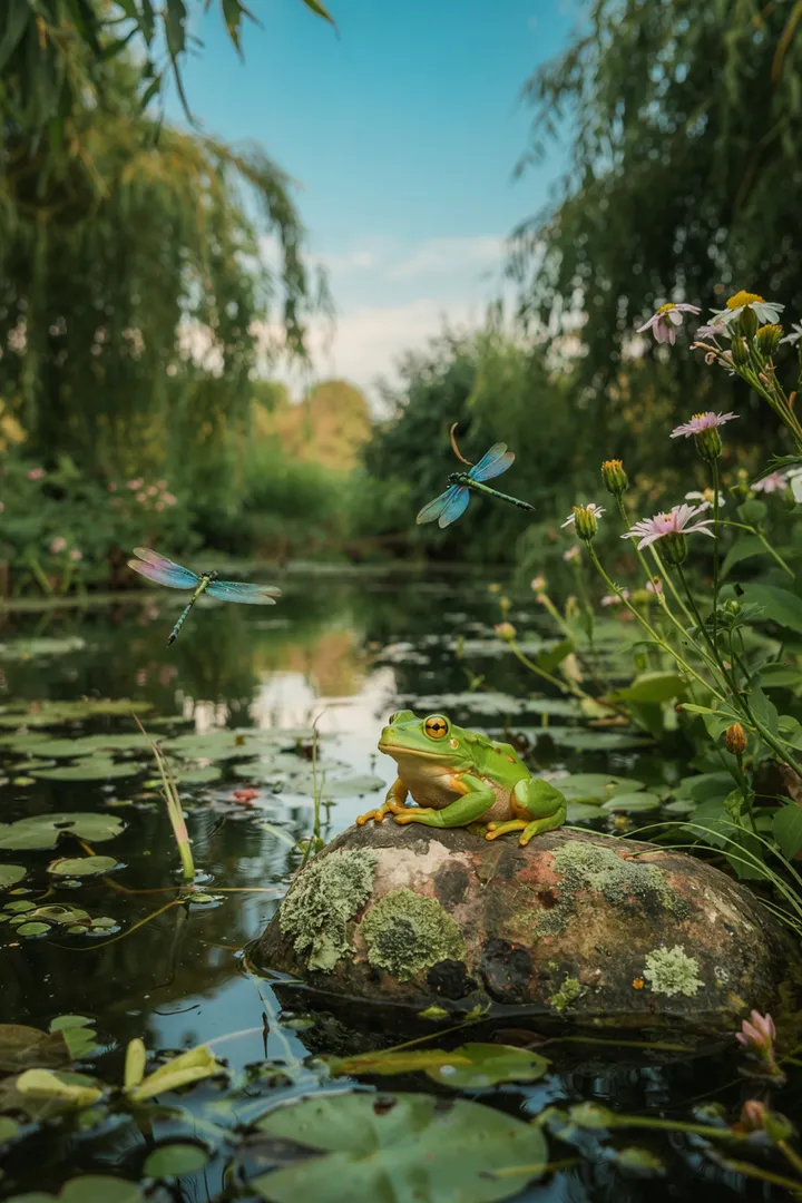 Ein idyllisches Außenareal mit sprudelndem Wasser, das zwischen bunten Blumen und üppigem Grün fließt, schafft eine entspannende Atmosphäre im Freien. Ideal für ein Wasserspiel im Garten.