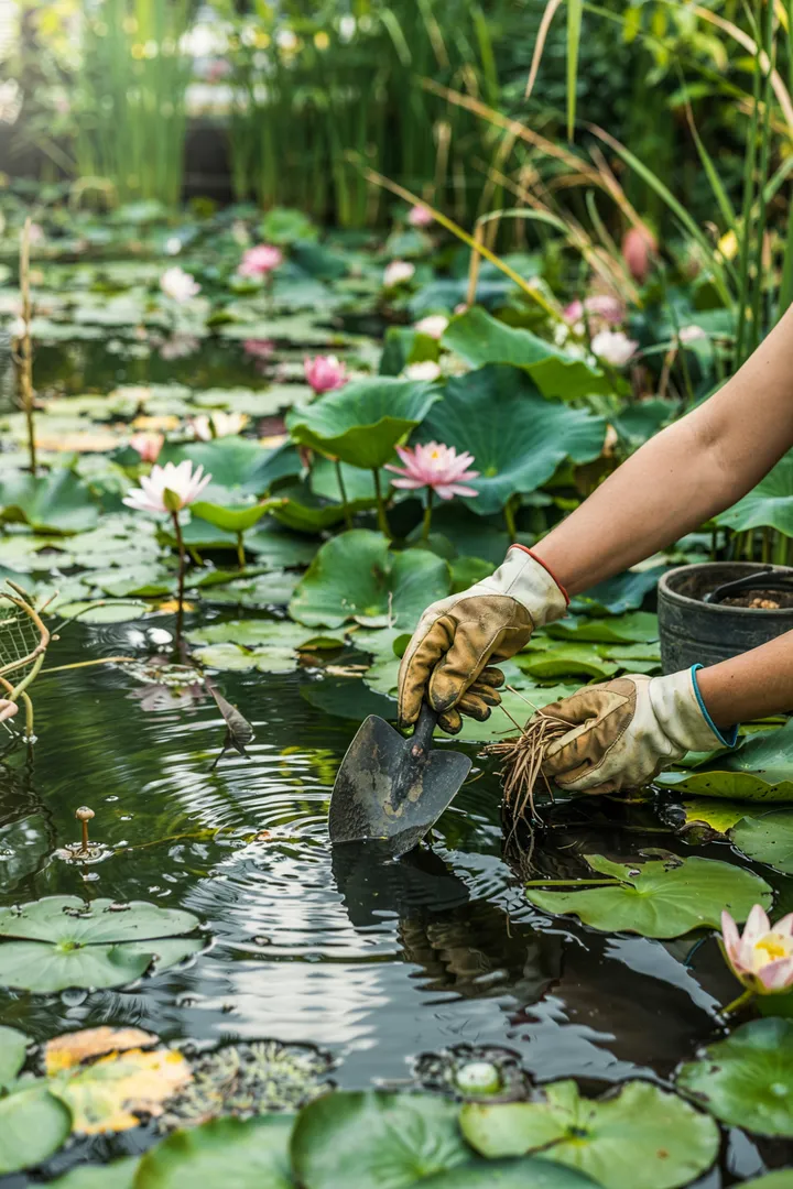 Ein kleiner, idyllischer Wassergarten mit üppigen Pflanzen und sanften Wellen, ideal für entspannende Momente in der Natur. Perfekt für einen Miniteich im Garten.