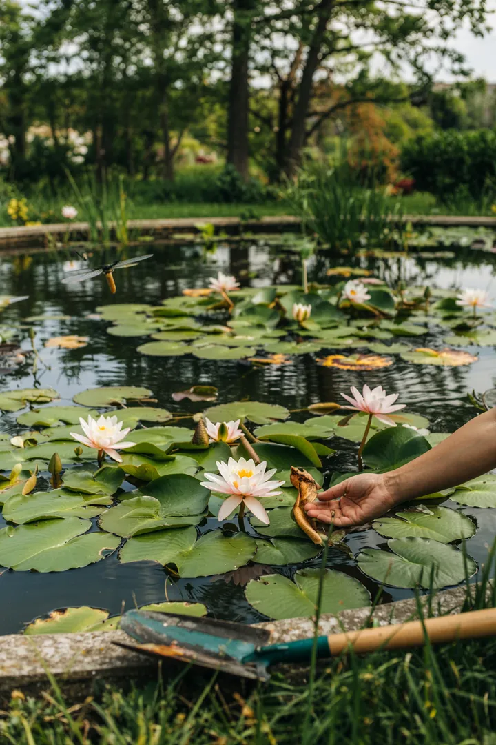Ein malerischer Garten mit sprudelndem Wasser, üppigen Pflanzen und bunten Fischen, der eine friedliche Oase im Freien darstellt. Ideal für Naturliebhaber.