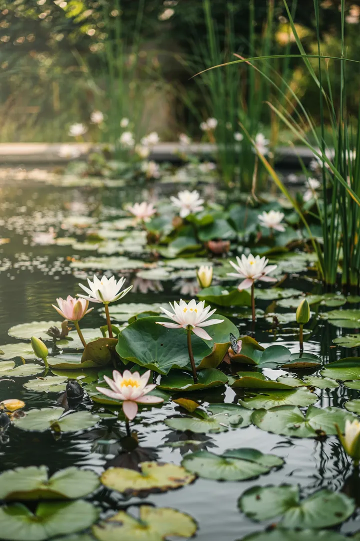 Ein lebendiges Wasserspiel in einer grünen Gartenlandschaft, das sprudelndes Wasser und entspannende Klänge bietet. Ideal für eine ruhige Auszeit.