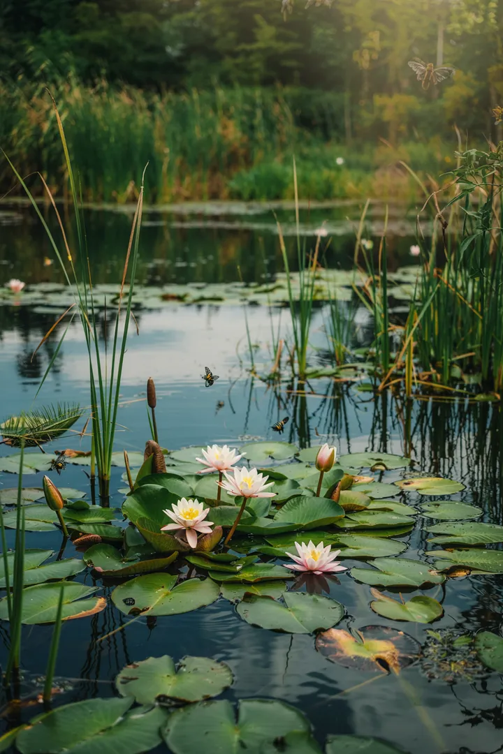 Ein idyllischer Außenbereich mit einem sanft plätschernden Element, umgeben von üppigem Grün und bunten Blumen, ideal für die Gestaltung von Wasser im Garten.
