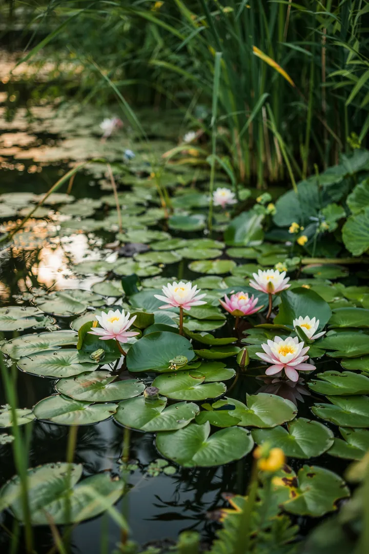 Ein ruhiger Garten mit sanft plätscherndem Wasser, umgeben von üppigem Grün und bunten Blumen, schafft eine friedliche Atmosphäre.