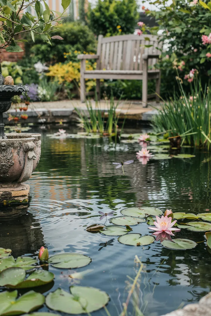 „Idyllischer kleiner Wassergarten mit Pflanzen und Steinen, der eine friedliche Atmosphäre schafft und die natürliche Schönheit eines Miniteichs verkörpert.“