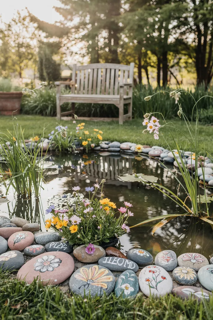 Ein idyllischer Garten mit liebevoll gestalteter Wasserstelle, umgeben von bunten Pflanzen und kunstvollen Dekorationselementen für Teichdeko.