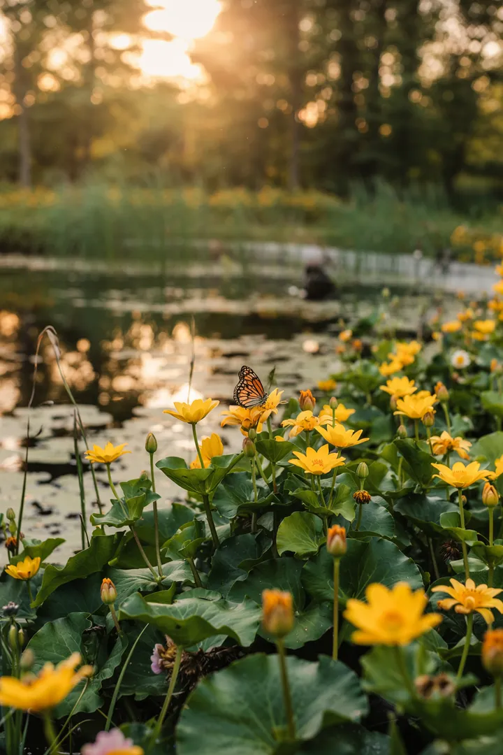 Ein idyllischer Gartenbereich mit einem liebevoll gestalteten Wasserspiel, umgeben von bunten Pflanzen und einzigartigen Ornamenten, ideal für Teichdeko-Fans.