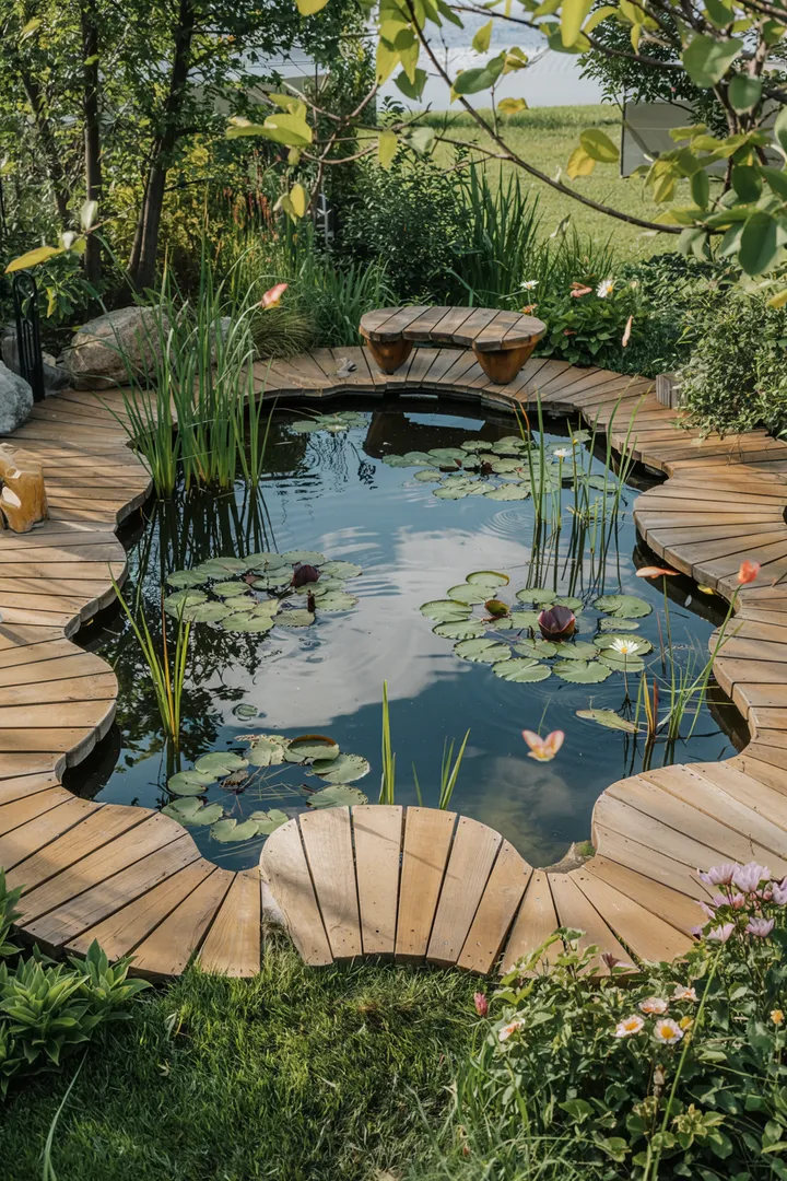 Eine idyllische Landschaft mit einem harmonisch gestalteten Gewässerrand, umgeben von vielfältigen Pflanzen und natürlichen Materialien. Ideal für eine entspannende Gartengestaltung.