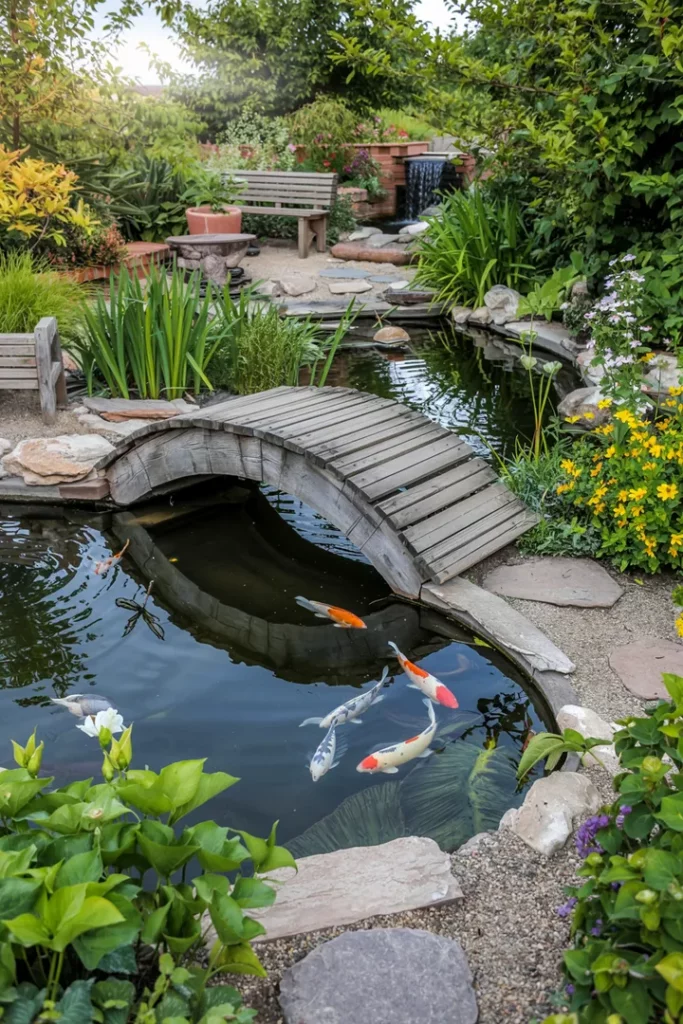Eine idyllische Gartenlandschaft mit kunstvoll gestalteten Elementen zur Verschönerung eines Wasserspiels, das eine entspannende Atmosphäre schafft. Ideal für Teichdeko-Inspiration.
