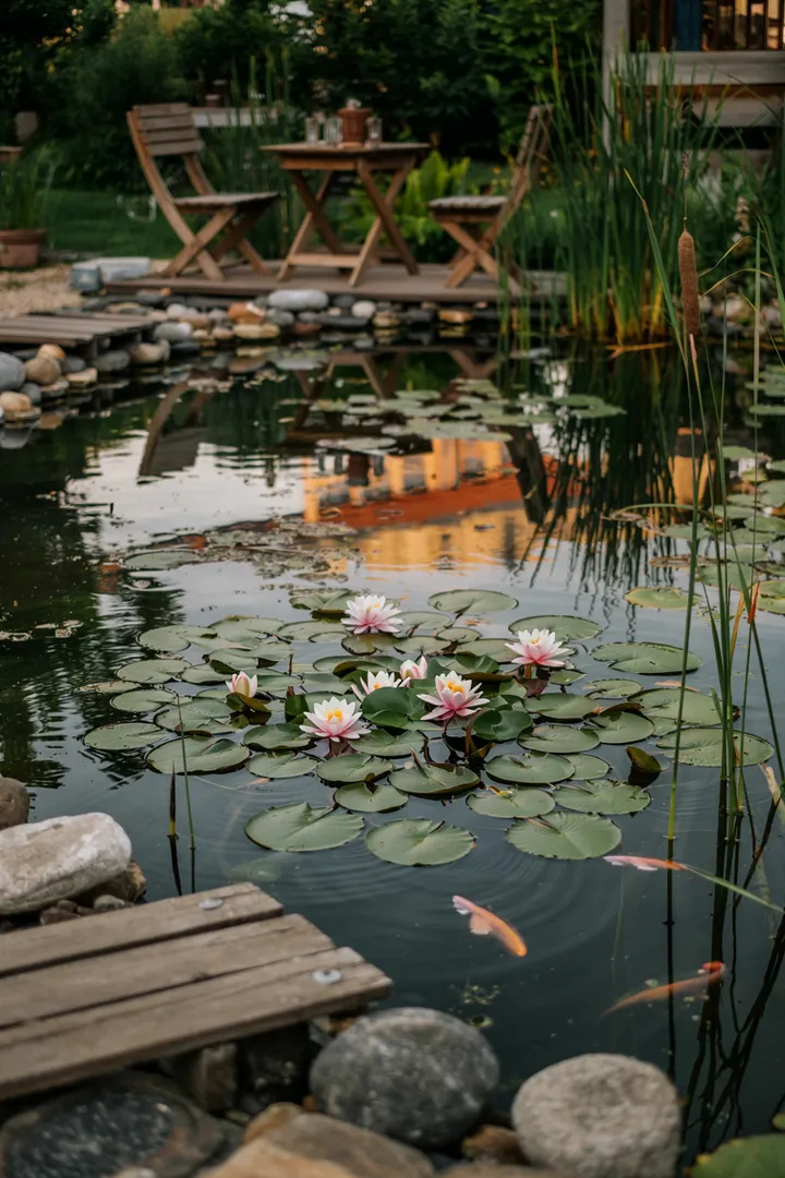 „Idyllische Gartenszene mit stilvoller Wasserlandschaft, umgeben von kreativen Dekorationen und Pflanzen für inspirierende Teichdeko und Gartenteich Ideen.“