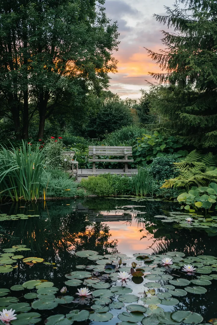 Ein idyllischer Wassergarten mit einem kleinen Gewässer, umgeben von üppigem Grün und bunten Pflanzen, ideal für Entspannung und Naturbeobachtungen.