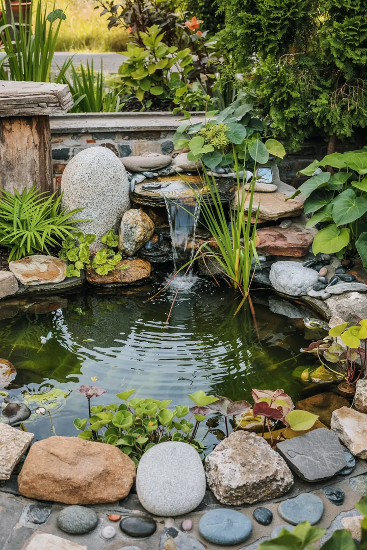 Ein friedlicher Wasserbereich mit üppiger Vegetation und dekorativen Elementen, ideal für inspirierende Fischteich Ideen zur Gartengestaltung.