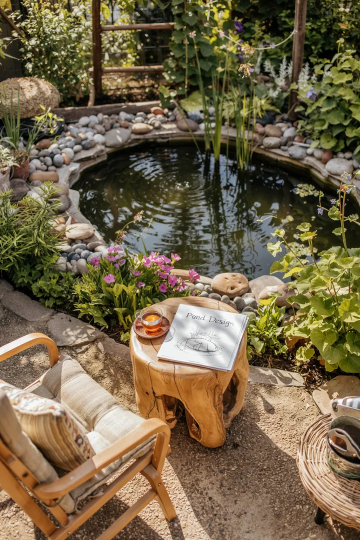 Ein ruhiger Garten mit einem kleinen Gewässer, umgeben von bunten Pflanzen und sanften Steinen, ideal für Entspannung und Naturgenuss.