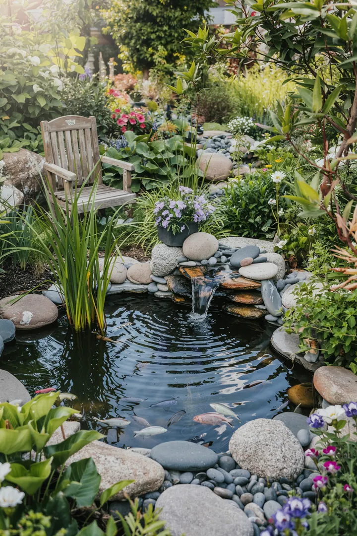 Ein idyllischer Garten mit einem versteckten Wasserspiel, umgeben von üppigem Grün, ideal für die Installation von Teichpumpen.