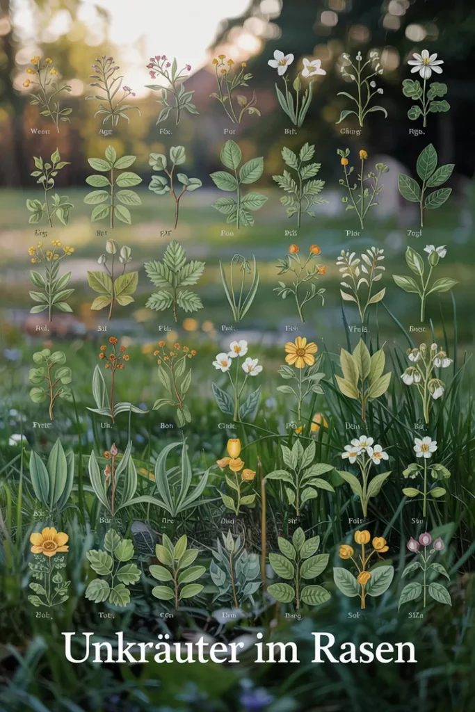 Collage oder Übersicht mit 30 typischen Unkräutern im Rasen, liebevoll arrangiert – inspirierendes Bild zur Bestimmung und sanften Bekämpfung von Wildpflanzen.