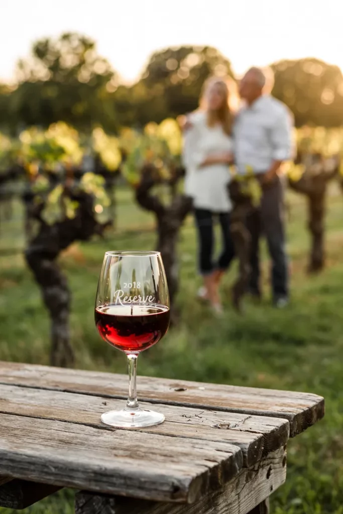 Ein Glas Wein bei Abendlicht im Garten – ruhige Szene voller Reife, Erinnerung und Lebensfreude.