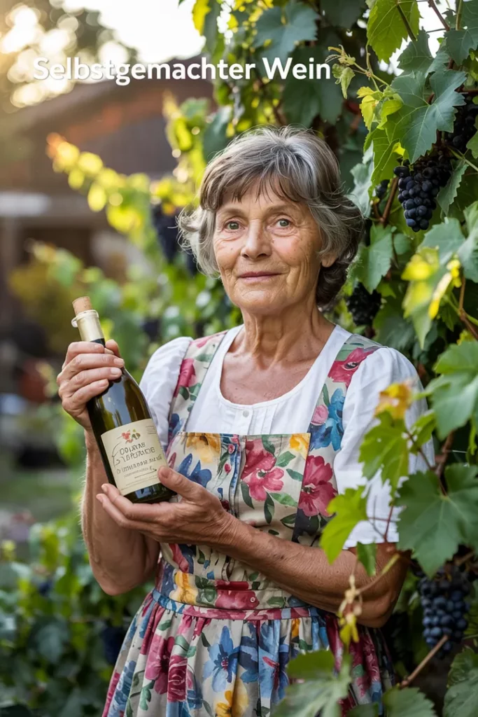 Eine ältere Frau hält stolz eine Weinflasche im Garten – Sinnbild für Erfolg und Freude.