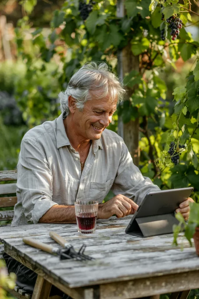 Ein älterer Mann schaut entspannt ein Video am Gartentisch – Technik trifft Natur und Ruhe.