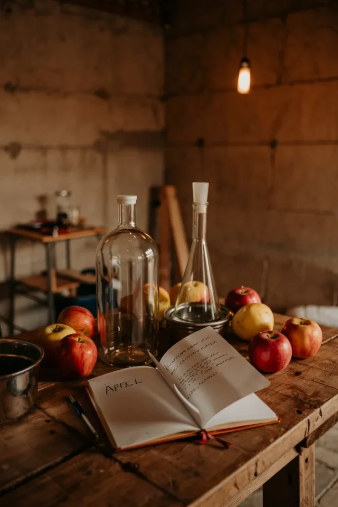 Ein Tisch mit einfachen Weinherstellungs-Utensilien und Notizbuch in warmem Licht – Startklar für dein Projekt.