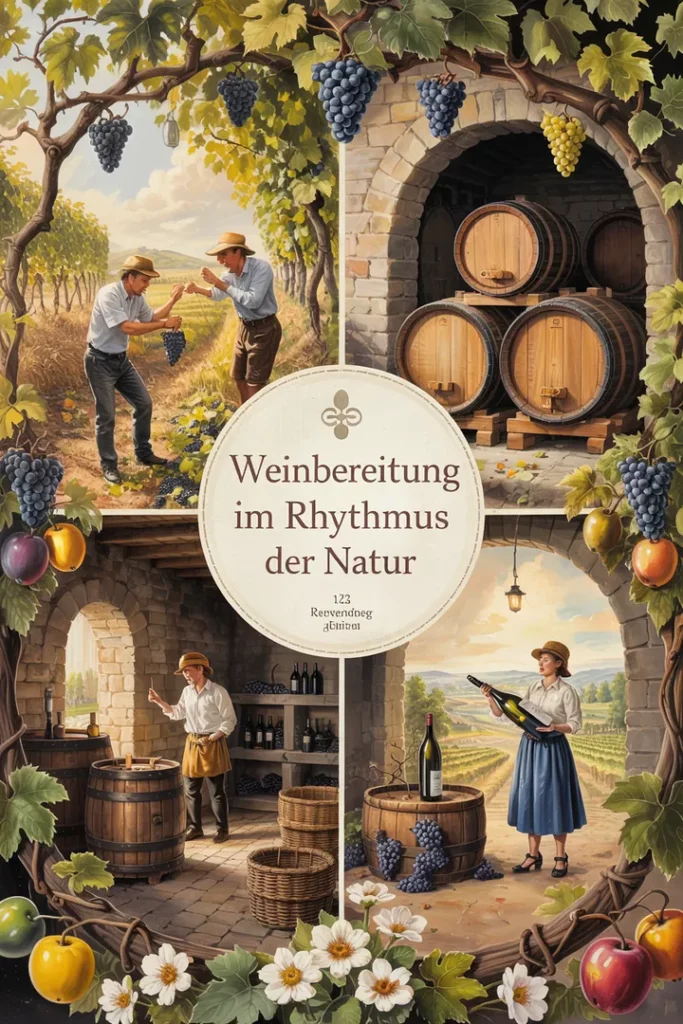 Vier kleine Szenen der Weinherstellung im Jahreskreis – bildhafte Darstellung des natürlichen Rhythmus.