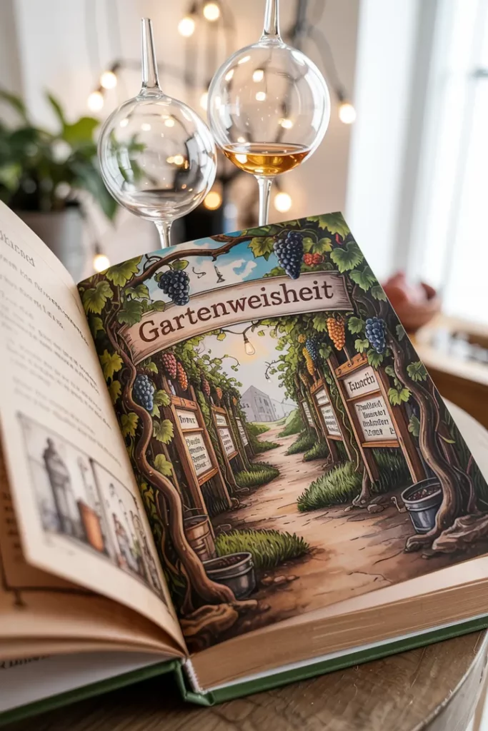 Ein offenes Buch mit symbolischen Stationen der Weinherstellung – freundlich, klar und inspirierend.