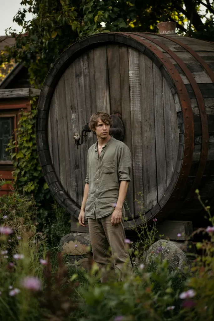 Ein Mensch steht nachdenklich vor einem alten Weinfass im Garten – Symbol für Unsicherheit und Mut.