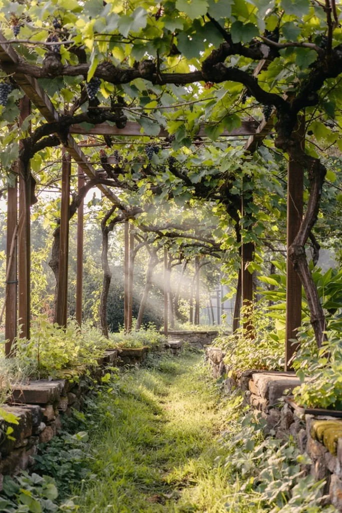 Ein stiller Gartenpfad am Morgen mit Reben und Sonnenstrahlen – Symbol für Neubeginn und Ruhe.