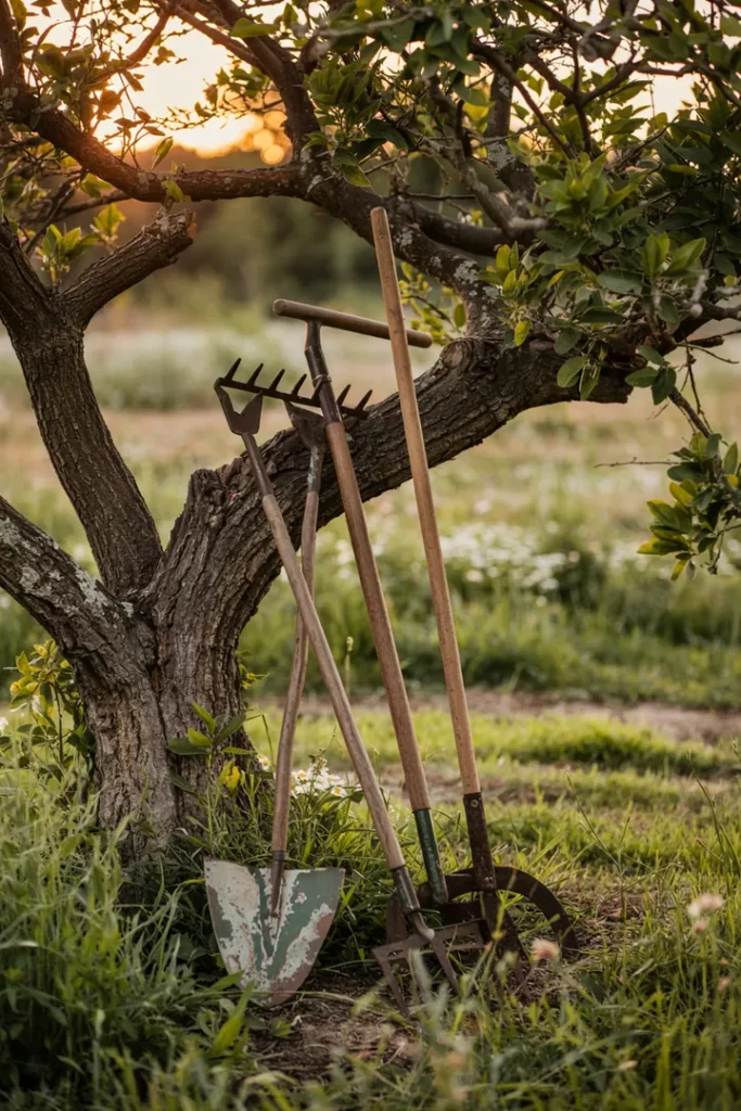 Alte Gartengeräte wie Harke und Rasenschere liegen stimmungsvoll im Schatten eines Baumes – Symbol für natürliche Gartenpflege mit einfachen Mitteln.