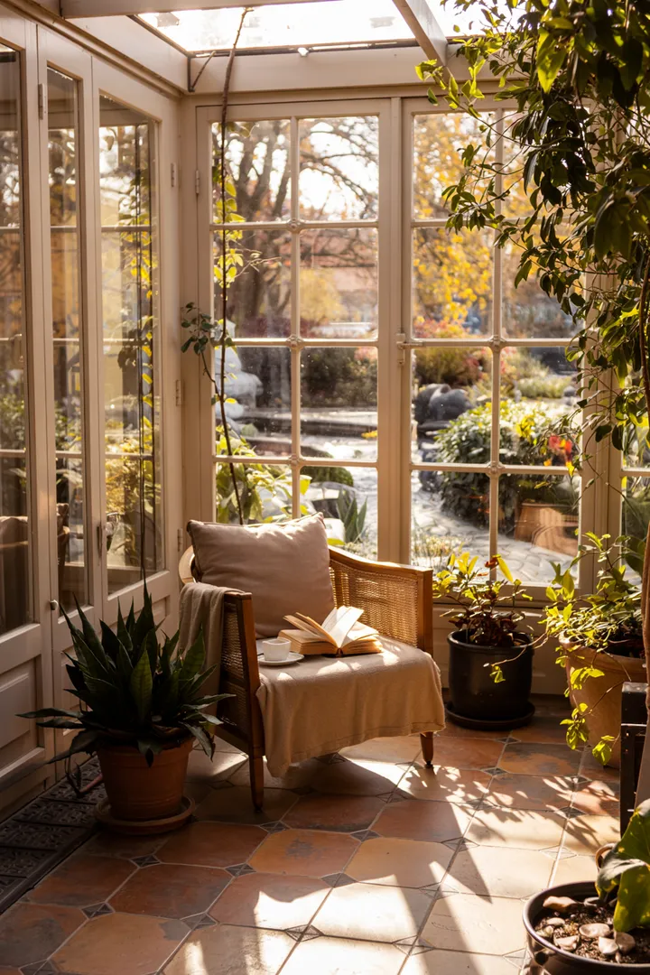 Ein einladender Raum mit stilvollen Möbeln, der von natürlichem Licht durchflutet wird und eine gemütliche Atmosphäre für entspannte Stunden bietet. Ideal für die Gestaltung eines Wintergartens.