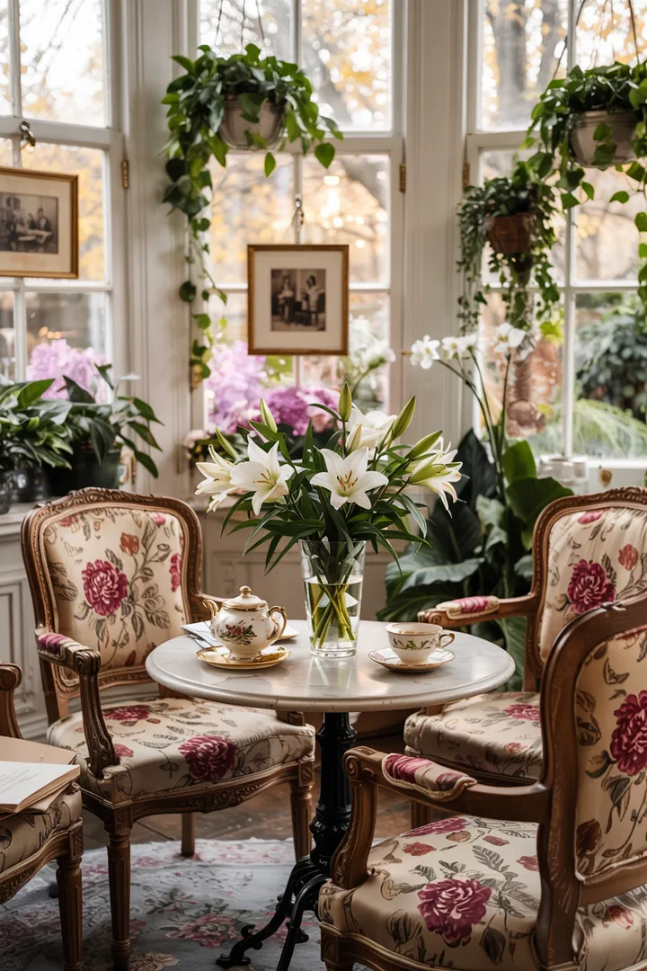 Ein stilvoller Rückzugsort mit nostalgischem Flair, ausgestattet mit einem natürlichen Bodenbelag, ideal für entspannte Wintergarten-Momente.