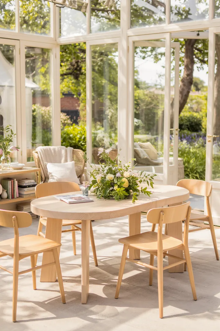 Ein hell erleuchteter Raum mit großen Fenstern, der eine gemütliche Atmosphäre für Entspannung und Pflanzen bietet – ideal für einen Wohnbereich im Wintergarten-Stil.