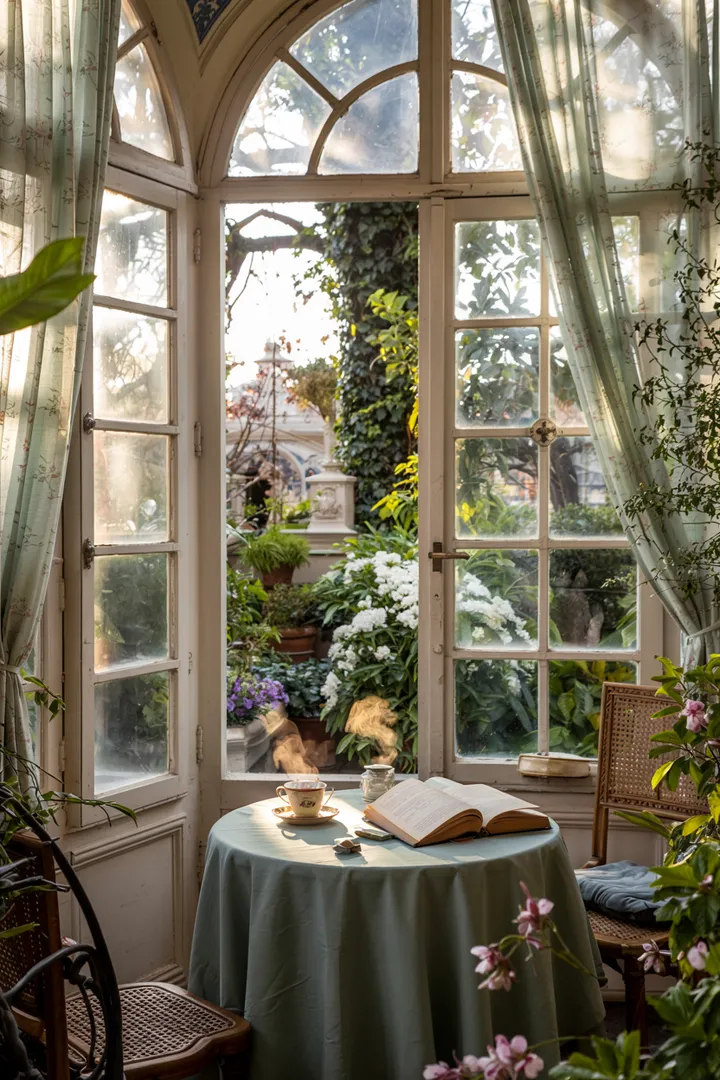 Eine gemütliche Leseecke im Wintergarten, dekoriert im Boho-Stil mit Pflanzen, weichen Textilien und natürlichen Materialien.