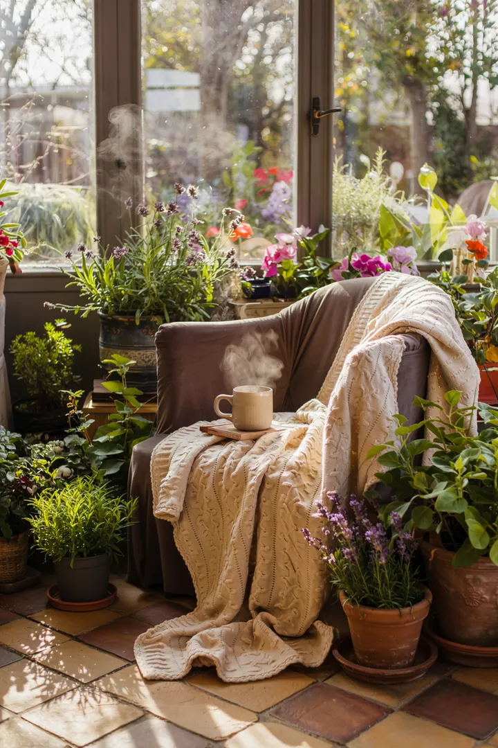 Ein gemütlicher Raum voller lebendiger Pflanzen, der eine einladende Atmosphäre für entspanntes Wohnen schafft, inspiriert durch die Natürlichkeit des Hygge-Stils.