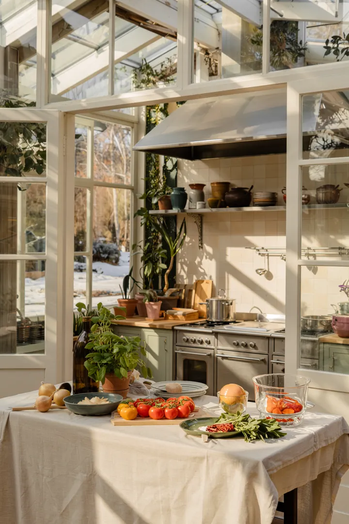 „Heller, stilvoller Wohnraum mit großen Fenstern und Pflanzen, der einen modernen Wintergarten in eine harmonische Wohnatmosphäre integriert.“