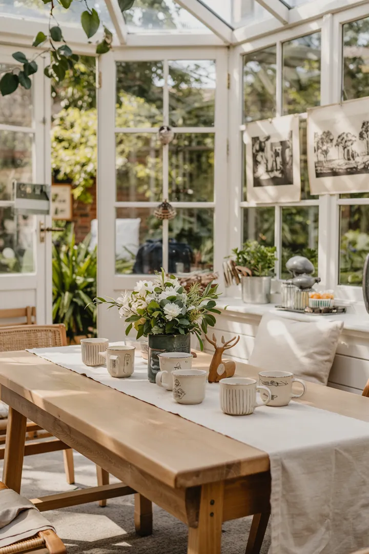Ein einladender Raum mit Holzdetails und Pflanzen, ideal für entspannte Stunden in einem ländlichen Ambiente. Rustikaler Wintergarten im Bauernhaus-Stil.