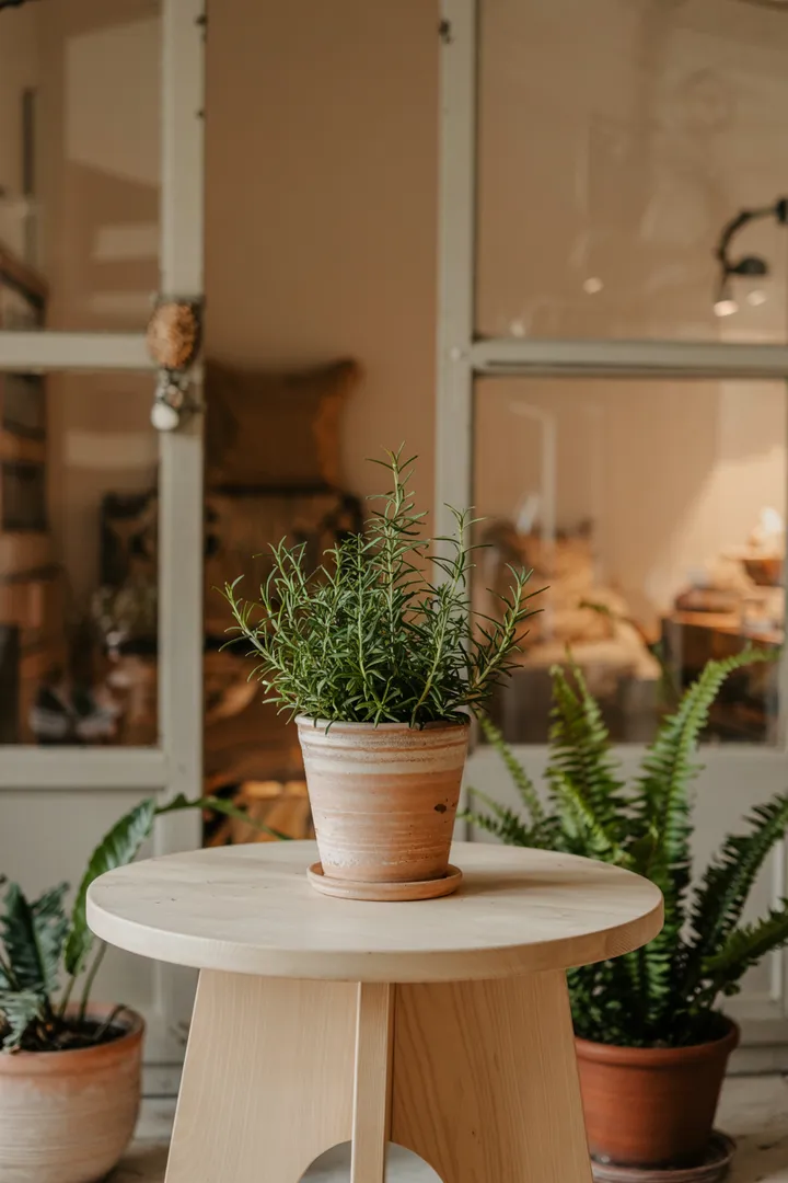 „Gemütlicher, stilvoller Raum mit Pflanzen und natürlichen Materialien, der die entspannte Atmosphäre eines Boho Wintergartens einfängt.“